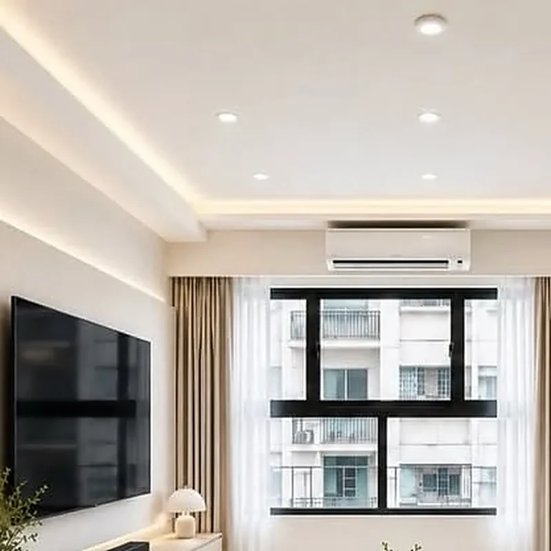桃園中壢新都廷48坪現代奶油風-客廳奶油色電視牆與間接照明燈溝